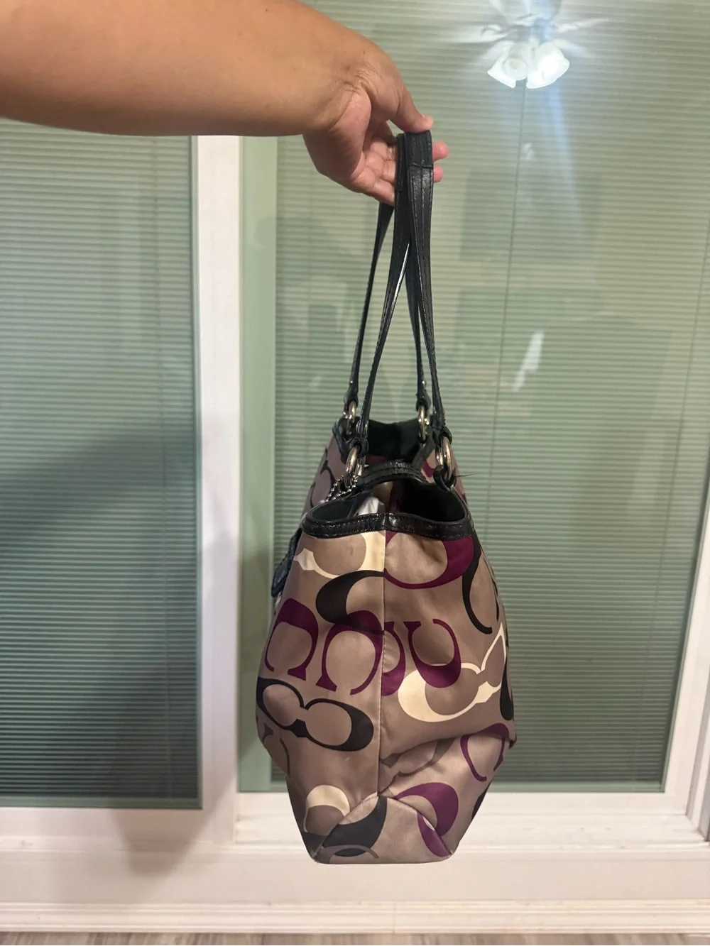Coach Signature Canvas Shoulder Bag in Taupe, Purple and Black